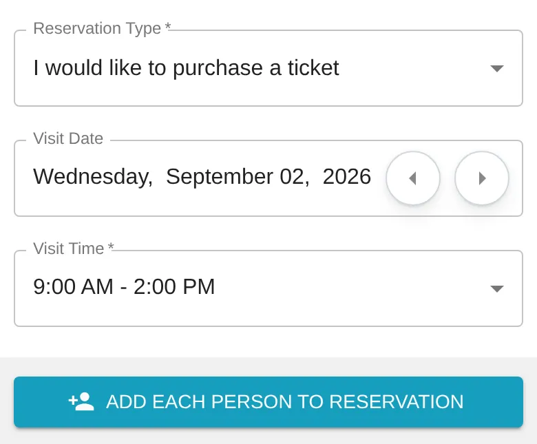 A ParkPass booking page on a phone showing the reservation type, the visit date with day arrows, the visit time, and a button to add each person to the reservation