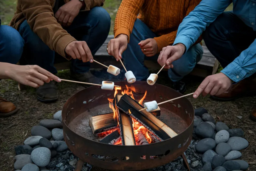 Campers roasting marshmallows over a fire pit at a campground