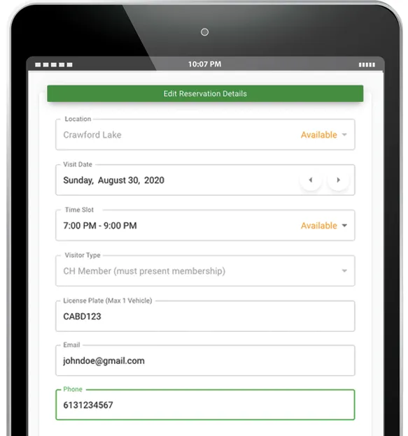 Editing a reservation's location, time slot, visitor type and license plate on a tablet