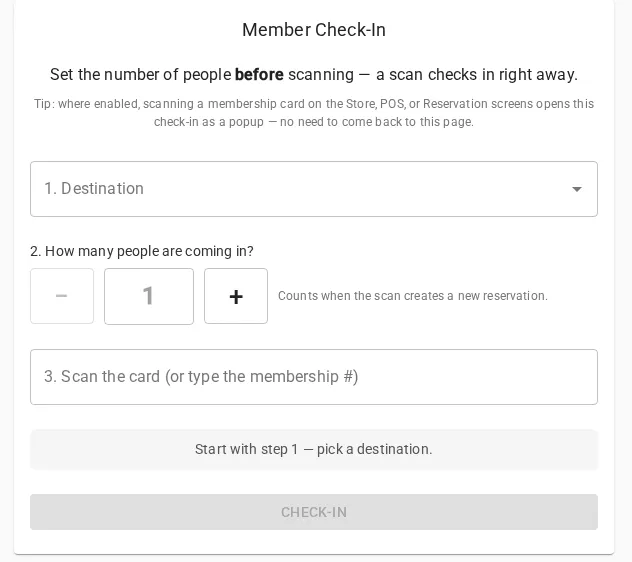 The ParkPass member check-in screen: a destination selector, a stepper for how many people are coming in, and a field to scan the membership card or type the membership number