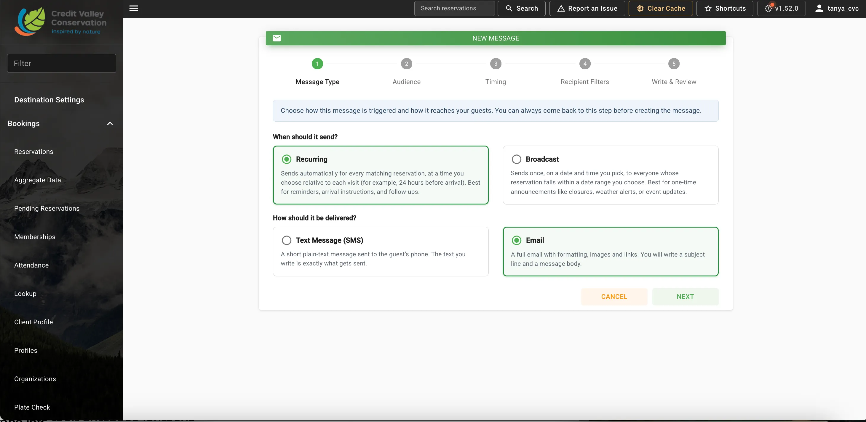 The ParkPass new message wizard, choosing whether a guest message sends on a recurring schedule or as a one-time broadcast, and whether it is delivered by SMS or email