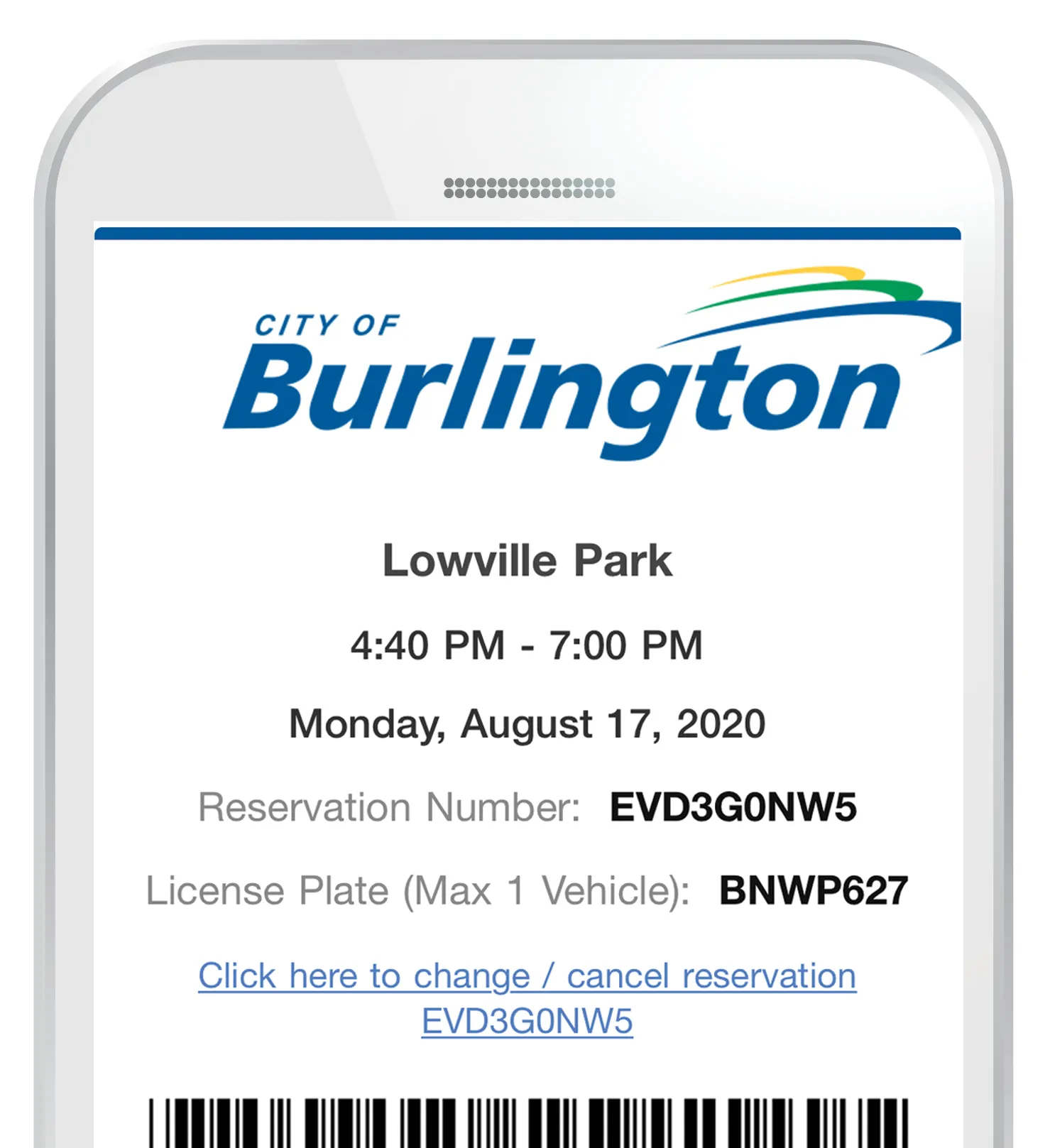 A mobile reservation confirmation with barcode, ready to scan at the gate
